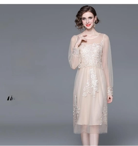 Gros plan sur la broderie florale du tissu en dentelle maille couleur champagne