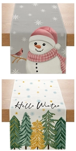 Detailed texture of polyester faux linen table runner with snowman and festive tree prints