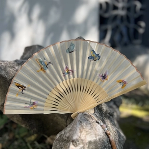 Handmade Chinese Style Satin Folding Fan With Bamboo Frame Suzhou Embroidery Traditional Pattern Tassel Decorative Hand Fan