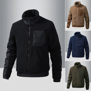 Men's winter fleece jacket with stand collar in black, brown, navy, and olive colors