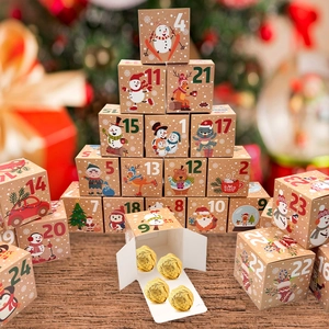 Pyramid stack of 24 kraft paper Christmas advent boxes with festive illustrations