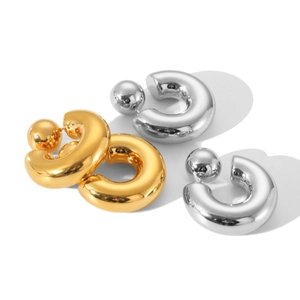 Minimalist spherical C-shaped stainless steel stud earrings in polished gold and silver