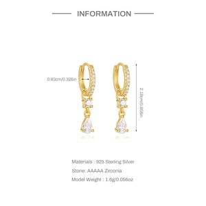 Detailed dimensions of 925 sterling silver drop earrings with AAAAA zircon stones