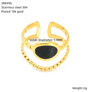 Detail of 18K gold plated stainless steel double-layered ring with black enamel oval inlay