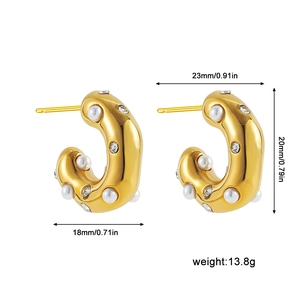Detailed view of gold C-shaped earrings with pearls and crystal dimensions info