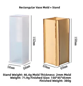 Detail view of rectangular silicone vase mold and wooden stand with dimensions