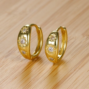 Golden flower hoop earrings with sparkling zircon stones and mirror polish finish