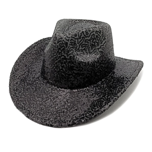 Detailed top view of a black sequin western cowboy hat for stage performances and parties