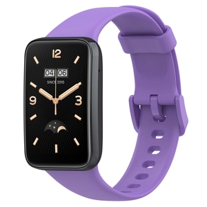 Detail view of the purple silicone strap and rectangular dial for Xiaomi Band 7 Pro