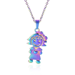 Macro shot of colorful rainbow iridescent stainless steel girl pendant on matching chain