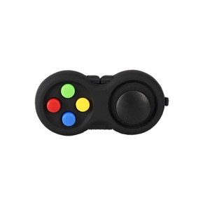 Macro view of a black stress relief fidget controller toy with colorful silicone buttons