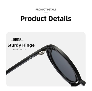 Detail of sturdy metal hinge on black round sunglasses with UV400 and CE markings