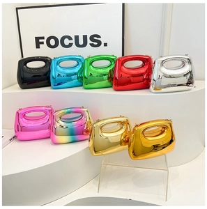 Mini acrylic handbags in nine vibrant glossy candy colors with chain strap detail