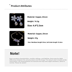 Detailed size and weight specs for the zircon flower necklace and earrings copper set