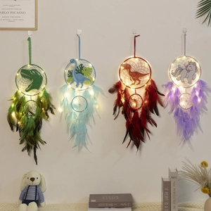 Nordic green dinosaur dream catcher with LED lights and feathers for kids room decor