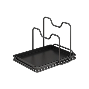 Matte black kitchen organizer rack for pot lids and cutting boards with drain tray