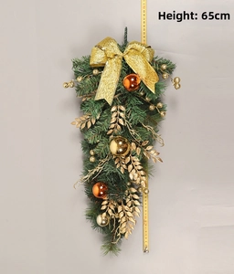 65cm Christmas teardrop swag with gold PVC balls, glitter bows and green pine needles