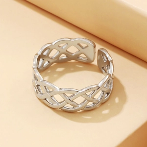 Minimalist silver woven knot stainless steel open ring with geometric hollow lines