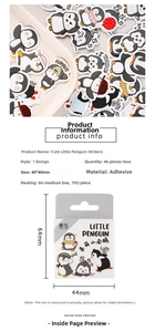Detailed view of 46pcs cute penguin stickers pack showing dimensions and adhesive material