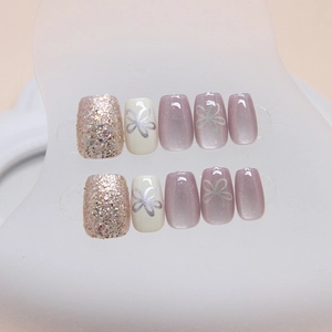 Short ballet champagne gold glitter and cat-eye floral press-on nails set, 10 pieces
