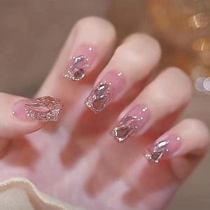 Rhinestone Glitter Press On Nails Pink Gradient Square Round Artificial False Fingernails For Women Elegant Shiny
