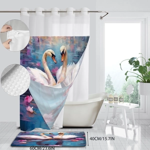 Detail showing the anti-slip texture of the bath mat and hooks for the swan floral shower curtain
