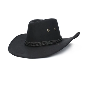 Detail of black cowboy hat with braided rope band and gold metal ventilation eyelets