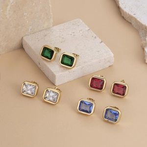 Square Zircon Stud Earrings With Stainless Steel Earring Post Geometric Colorful Titanium Steel Retro Simple For Women