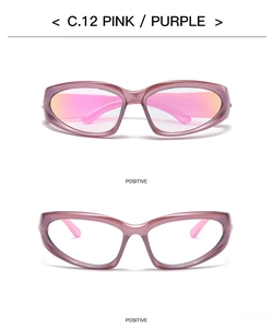 Front view of oval cat-eye cycling sunglasses in pink and purple gradient finish