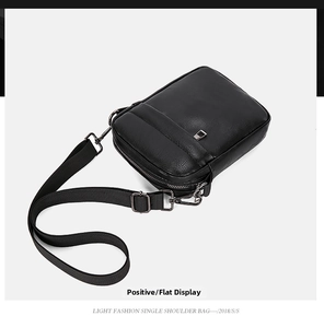 Flat lay view of a minimalist black PU leather crossbody bag with high-quality litchi texture