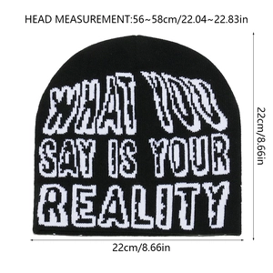 Size guide for black knitted beanie with slogan showing 22x22cm and 56-58cm head circumference
