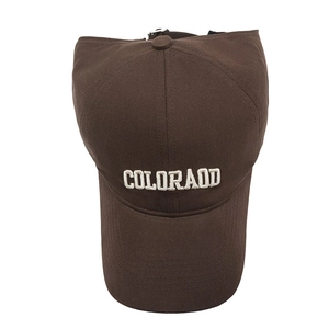 Dark brown cotton baseball cap with white COLORADO embroidery and adjustable top design