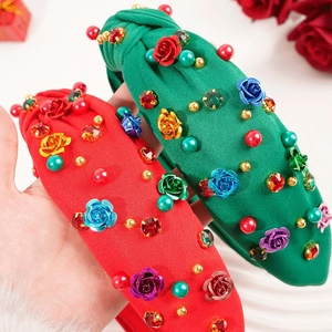 Handcrafted knotted fabric headband with metallic roses and sparkling crystal rhinestones