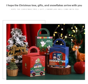 Three-color festive Christmas gift boxes with handles and cute holiday cartoon patterns