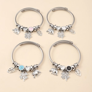 Detailed grid of stainless steel wire bracelets with clover, elephant and heart charms