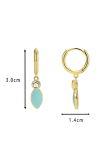 Detailed view of gold plated hoop earrings with blue leaf charms and clear zircon stones