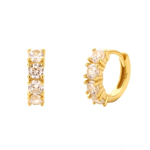 Elegant S925 silver gold-plated hoop earrings featuring four round bezel-set zircon stones
