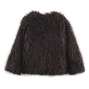 Women's trendy dark brown faux fur coat with a round neck and soft plush texture