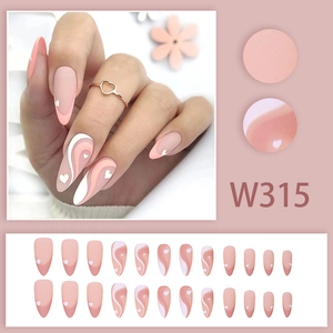 Morandi pink and blue heart wave long almond press-on nails set in matte finish