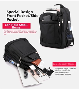 Detail of black business backpack with front zipper pocket and side mesh water bottle holder