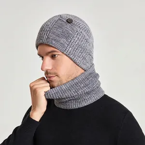 Men's winter knit beanie hat and neck warmer scarf set with decorative buttons in grey