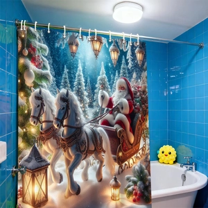 Christmas shower curtain featuring Santa on a horse sleigh in a snowy forest