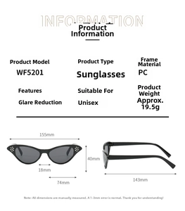 Detailed dimension guide for black cat-eye glasses frame with silver rivet accents
