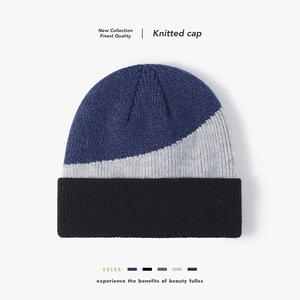 Color Block Knitted Beanie Hat Faux Rabbit Fur Fleece Lined Thermal Winter Warm Patchwork Cuff Cap Unisex