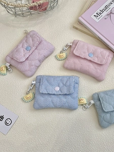 Mini Card Holder Coin Purse Quilted Polyester Fabric Heart Pattern Snap Button Zipper Pouch With Cute Bear Pendant