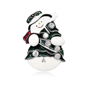 Detailed close-up of a snowman and Christmas tree brooch with enamel and white rhinestones