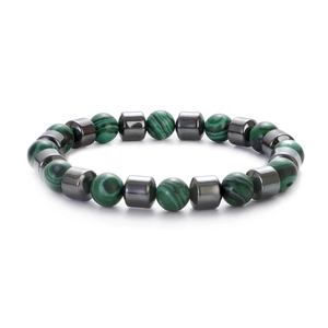 Natural malachite and hematite beaded bracelet for men with 8mm round stones on white background