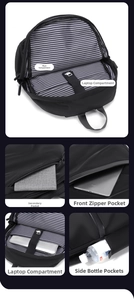 Detail of laptop backpack showing interior compartments, blue striped lining, and iPad pocket