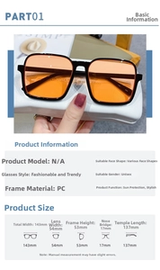 Detailed size guide and technical specifications for square frame half-rim sunglasses