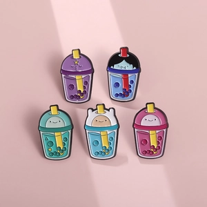 Set of 5 colorful enamel pins shaped like creative milk tea cups with anime character motifs